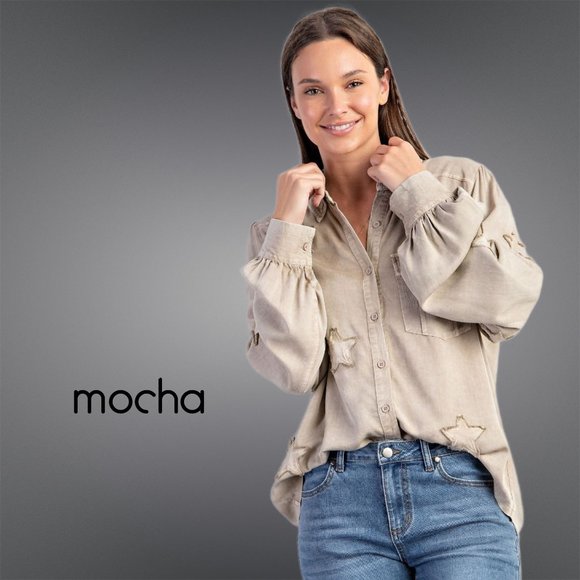 EASEL "STAR STRUCK" Embroidered Silk-Like Mineral Wash Button Up, Cuffs, Pockets - Picture 14 of 16